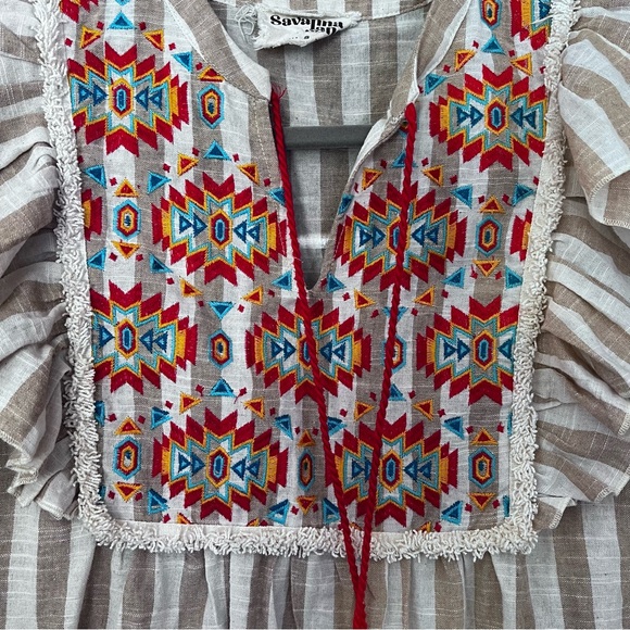 Savanna Jane Aztec Embroidered Ruffle Sleeve Too in Red White Blue Tan size S - Picture 8 of 14